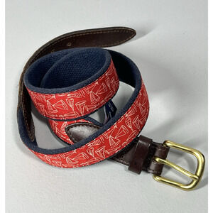 Vineyard Vines Ribbon Canvas Belt 30 Sailboats Red Brown Leather Brass Buckle